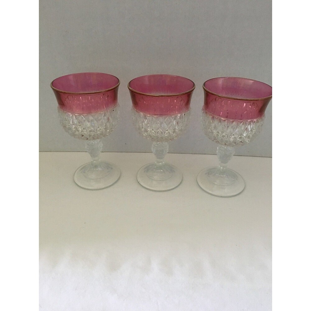 3 Kings Crown Diamond Point Stem Glasses Wine/Water Indiana Cranberry Ruby